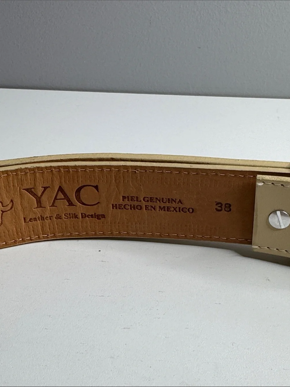 YAC Genuine Leather Horse Western Belt Cream & Brown Embroidered Size 38